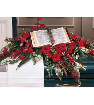 Casket Spray Styled with Open Family Bible