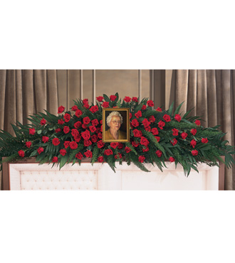 Red Roses Casket Spray for Full Couch Casket with Picture Frame